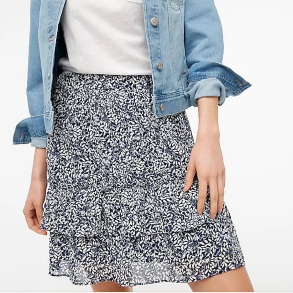 J Crew Ruffle Mini Skirt Blue White Floral Size Small